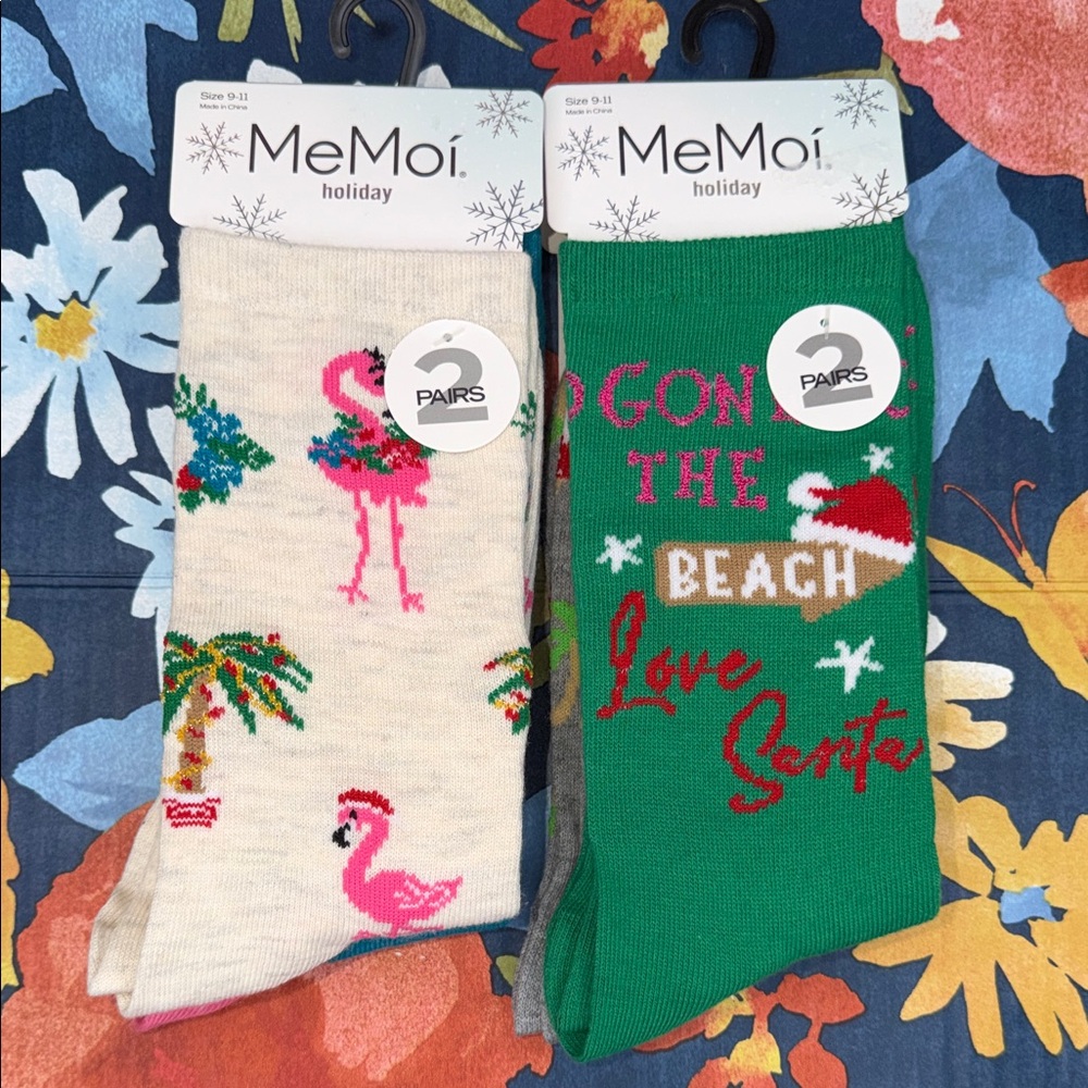 Holiday Flamingo and Beach Socks Set - Cream and Green 4pc Lot